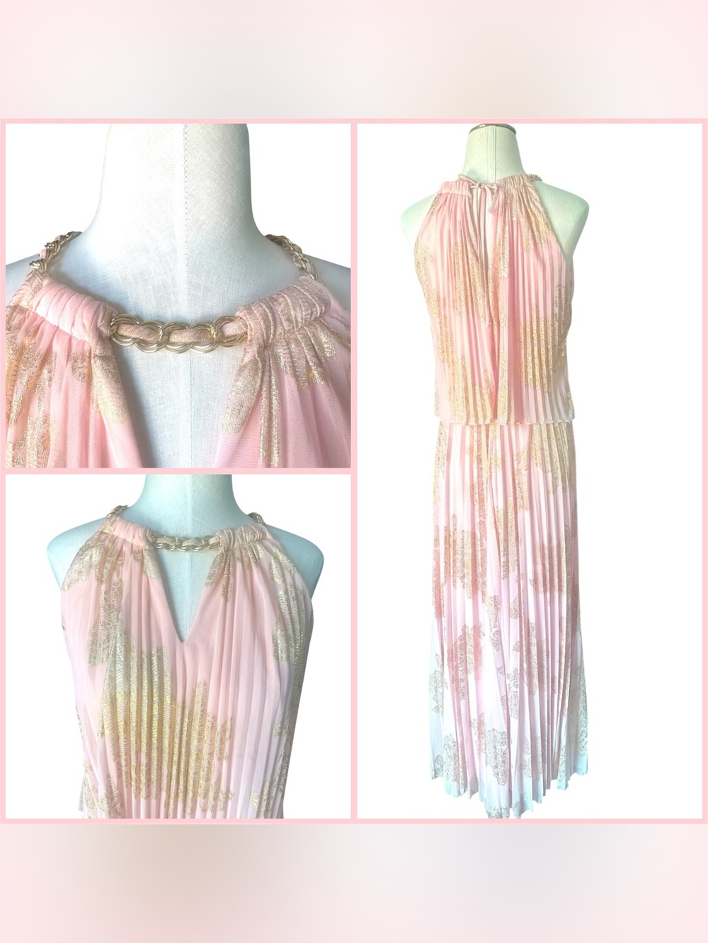 Cachet Blush Pink Gold Pleated Chain Neck Halter Maxi Gown Size 6